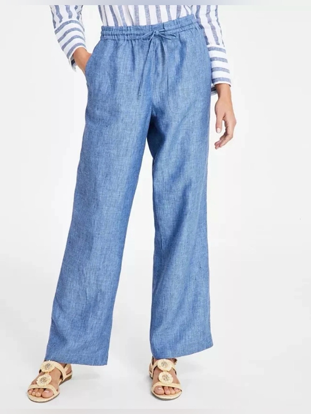 NWT Charter Club Luxury 100% Linen Wide Leg Drawstring Pants Blue Ocean M